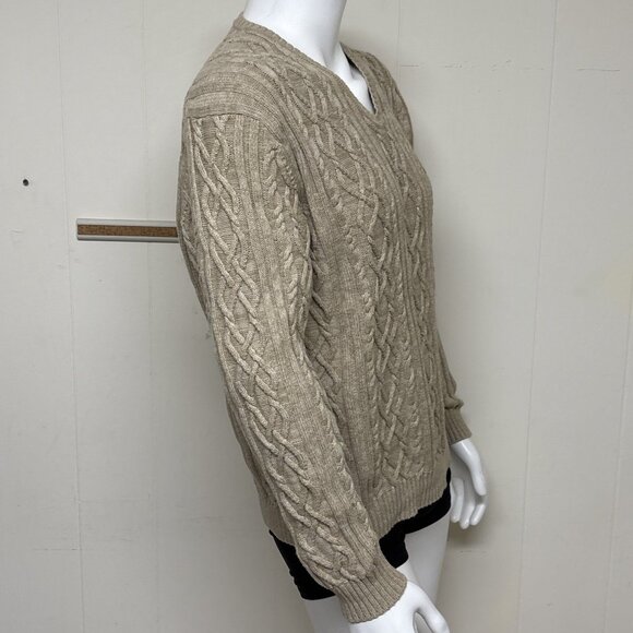 Tasso Elba Cable Knit Sweater Mens L Wheat 100% Cotton V Neck Heavy Pullover - Picture 4 of 9
